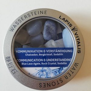 Wasserstein-Mischung Kommunikation & Verständigung in Metall-Geschenkdose (Chalecdon, Bergkristall, Sodalith)